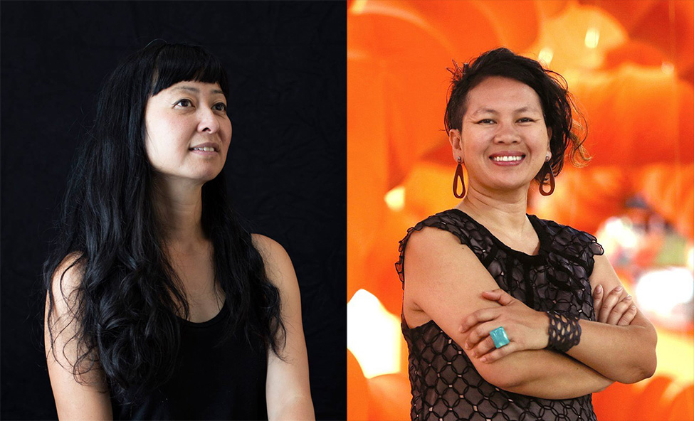Collage of two professional headshot photos of two women, Stephanie Syjuco and Anida Yoeu Ali