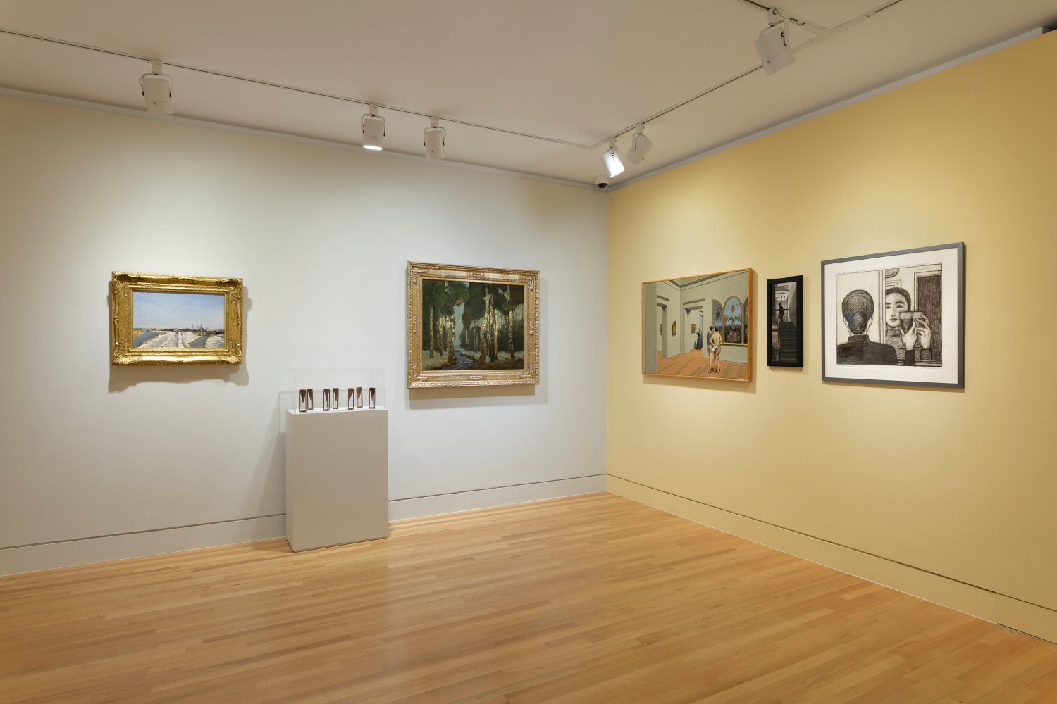 Photograph of a museum gallery with four paintings, one sculpture, and one drawing