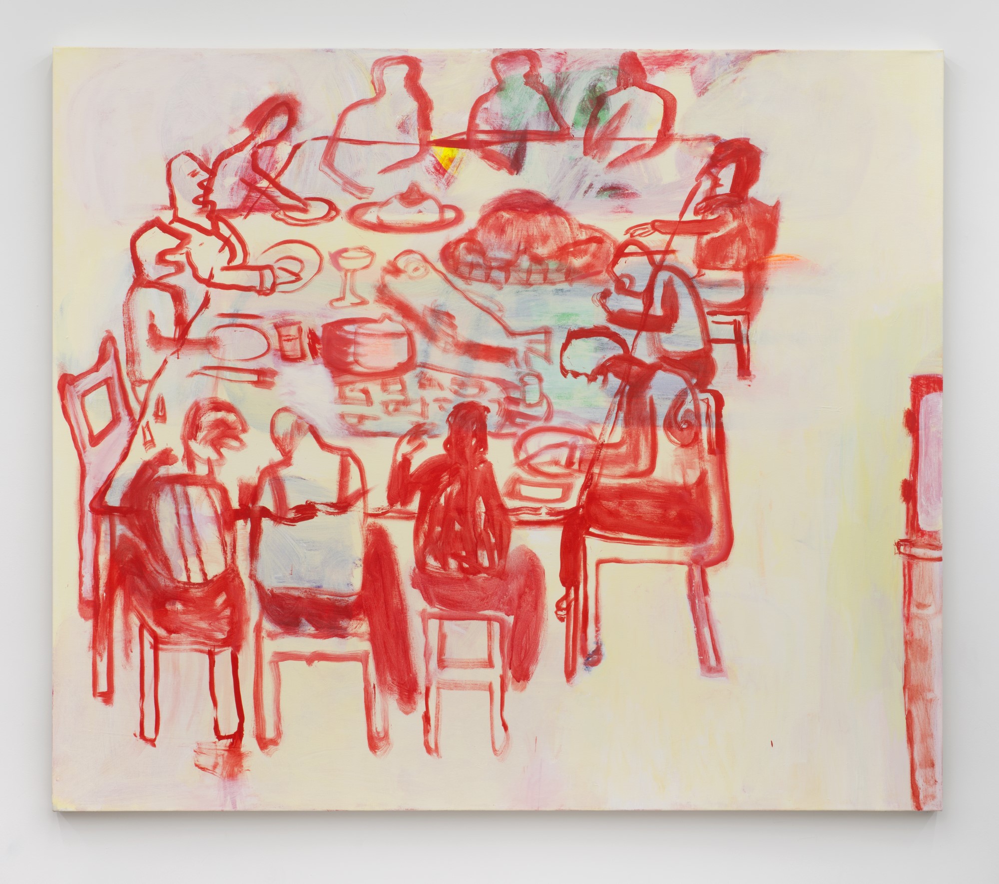 Red and white painting of a group of people seated around a lunch table, eating