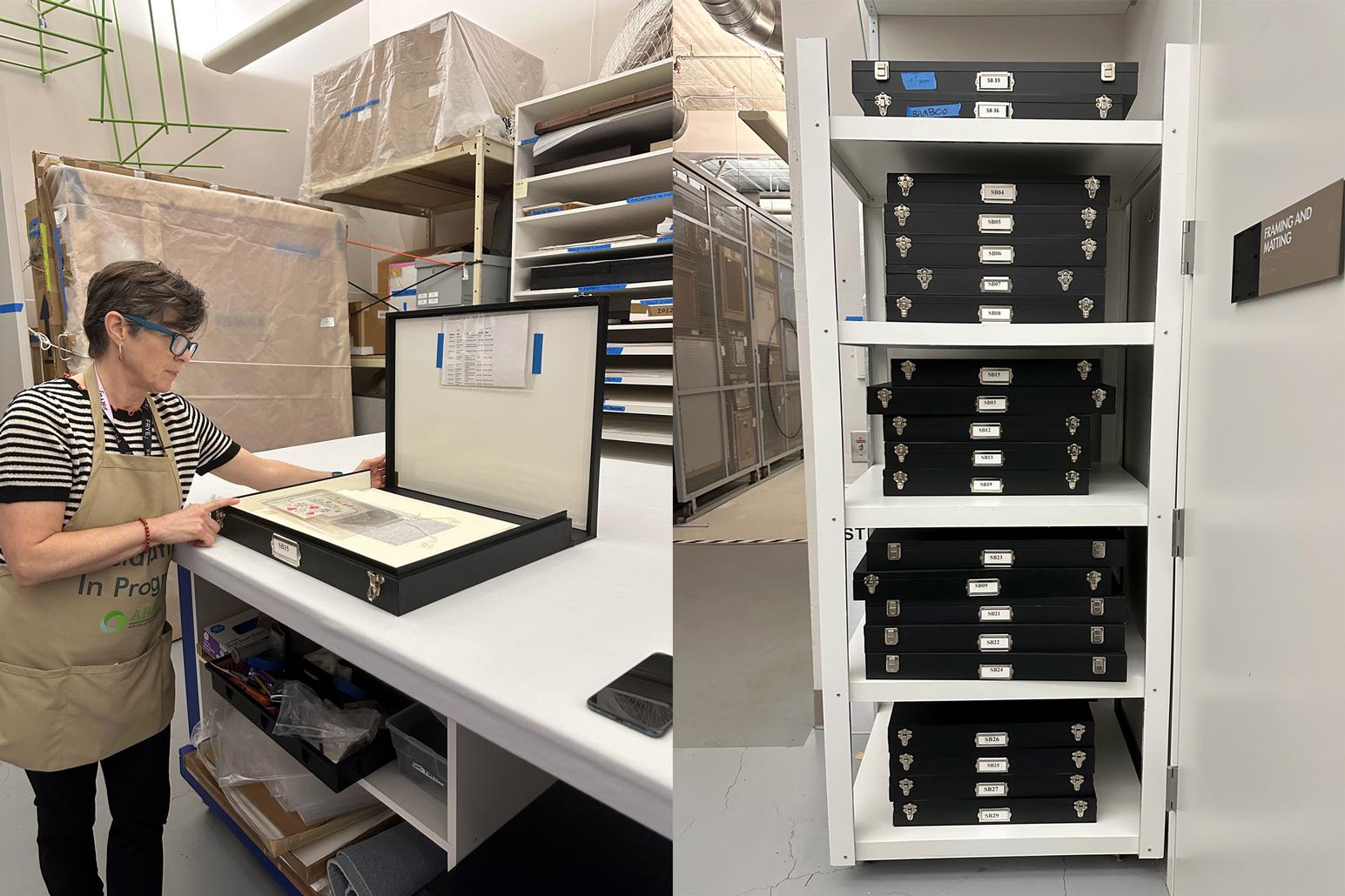 Two photos: Photo on left shows Cory Gooch standing with an open solander box containing works on paper; Photo on right shows Solander boxes stacked on a shelf in Frye collections storage
