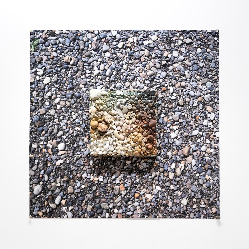 Photo of an artwork made up of a printed photograph of beach rocks behind an assemblage of rocks arranged to create a color gradient