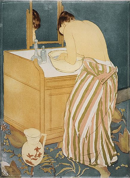 Mary Cassatt. La Toilette (Woman Bathing), c. 1890–1891. Drypoint and aquatint, printed in color, plate, 17 x 11 ¾ in. Gift of Paul J. Sachs, 1916. Metropolitan Museum of Art. 