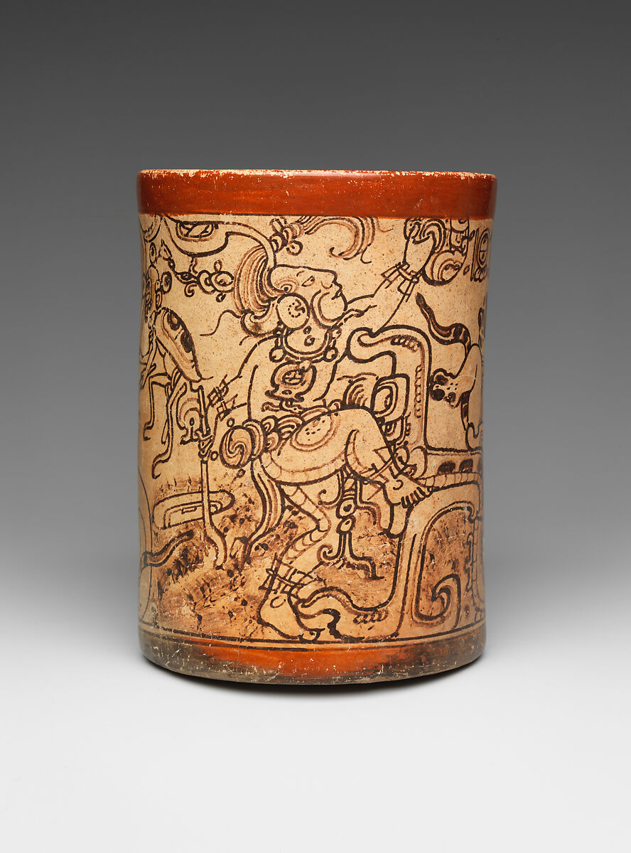 Attributed to the Metropolitan Painter (active 7th–8th century CE). Vessel with mythological scene, 7th–8th century. Ceramic, pigment, 5 1/2 × 4 ×  3/16 × 4 1/2 in. The Michael C. Rockefeller Memorial Collection, Purchase, Nelson A. Rockefeller Gift, 1968  Metropolitan Museum of Art.