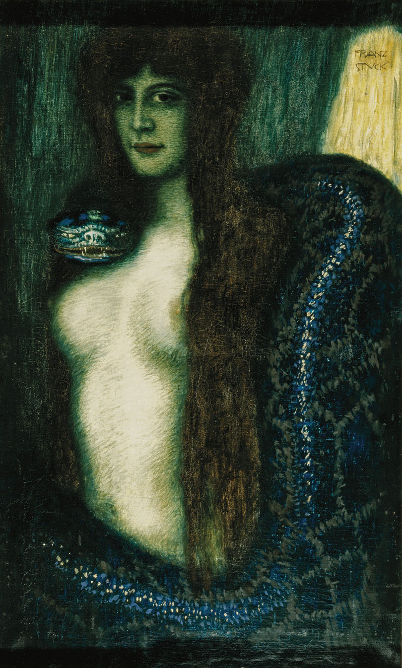 An oil painting in greens of a topless woman with long hair and a large snake wrapped around her upper body