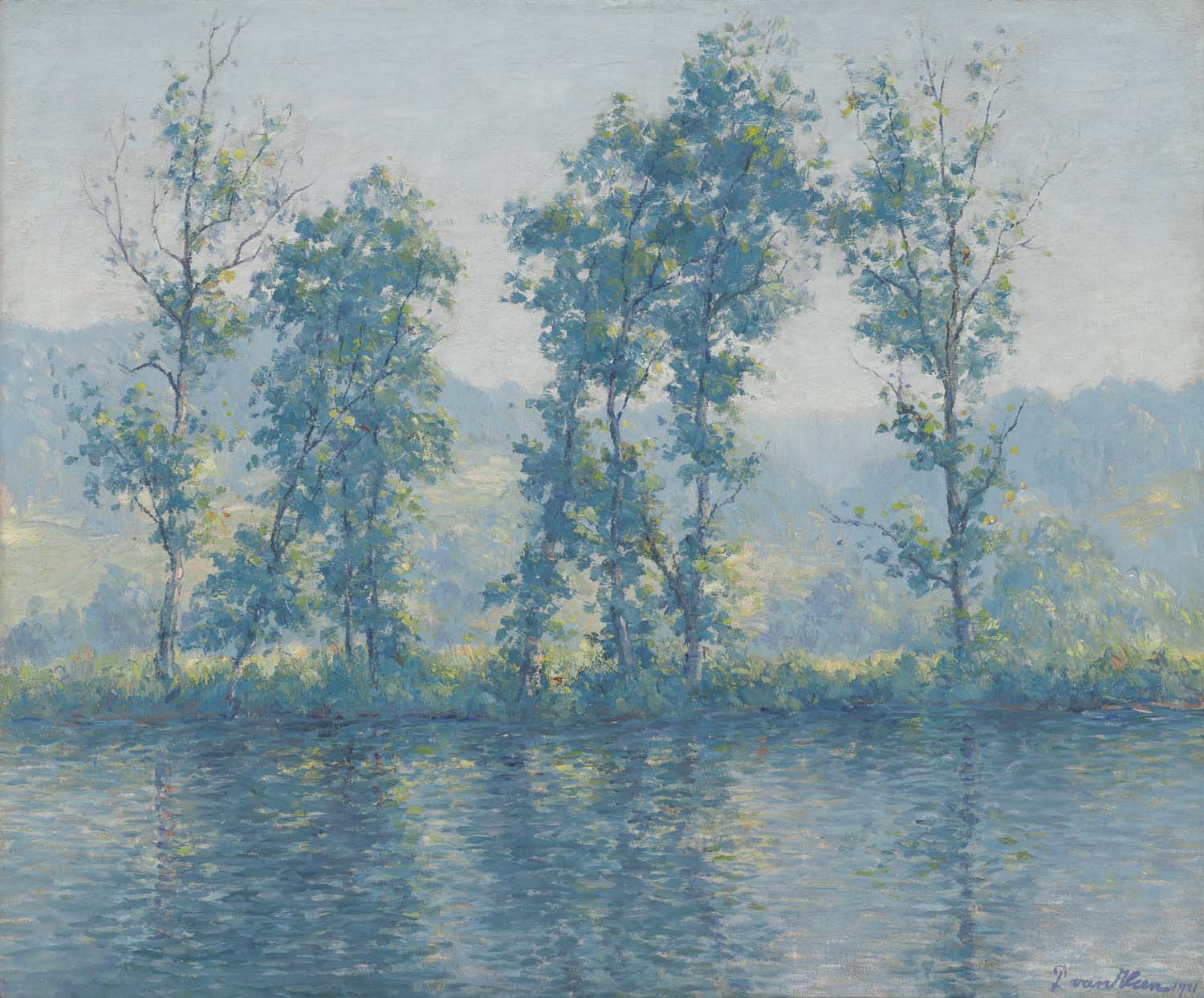 An oil painting of a group of tall saplings by a river