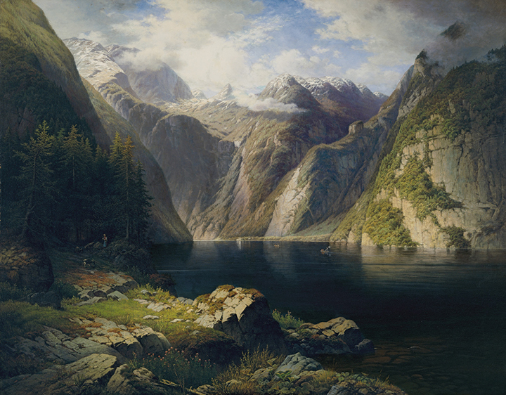 Oil painting of a large lake surrounded by rocky mountains