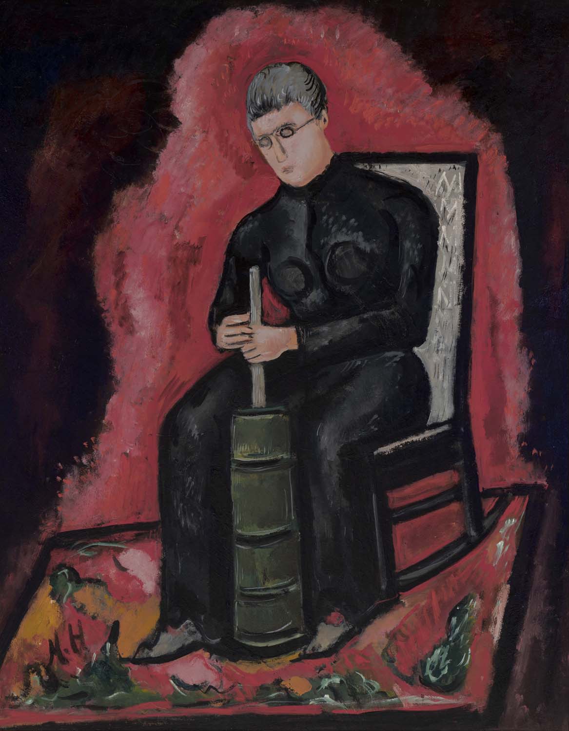 Painting of a woman in a black dress sitting in a chair churning butter by Marsden Hartley