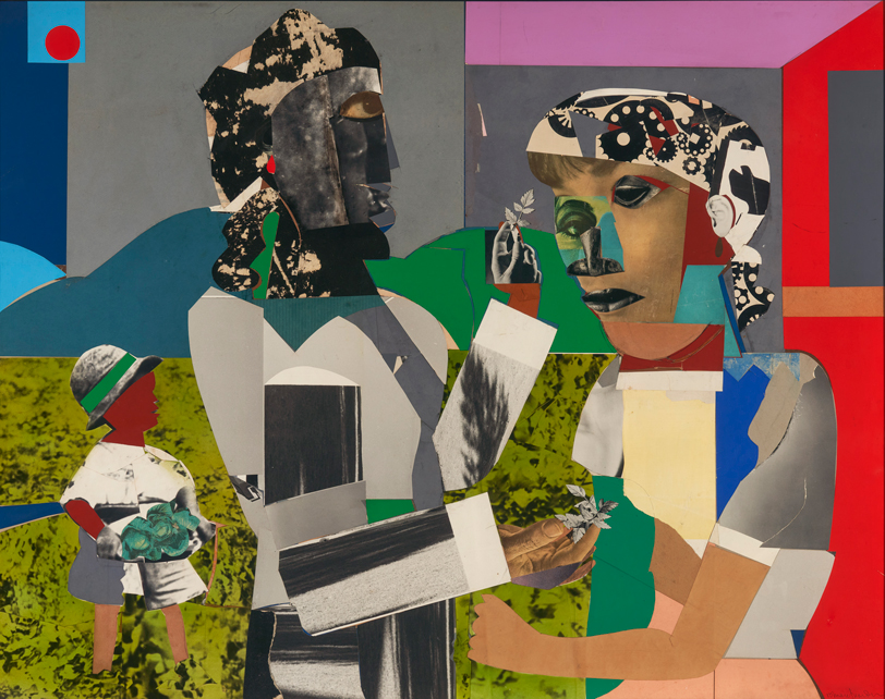 Collage of an abstracted pair of people in bright colors by Romare Bearden