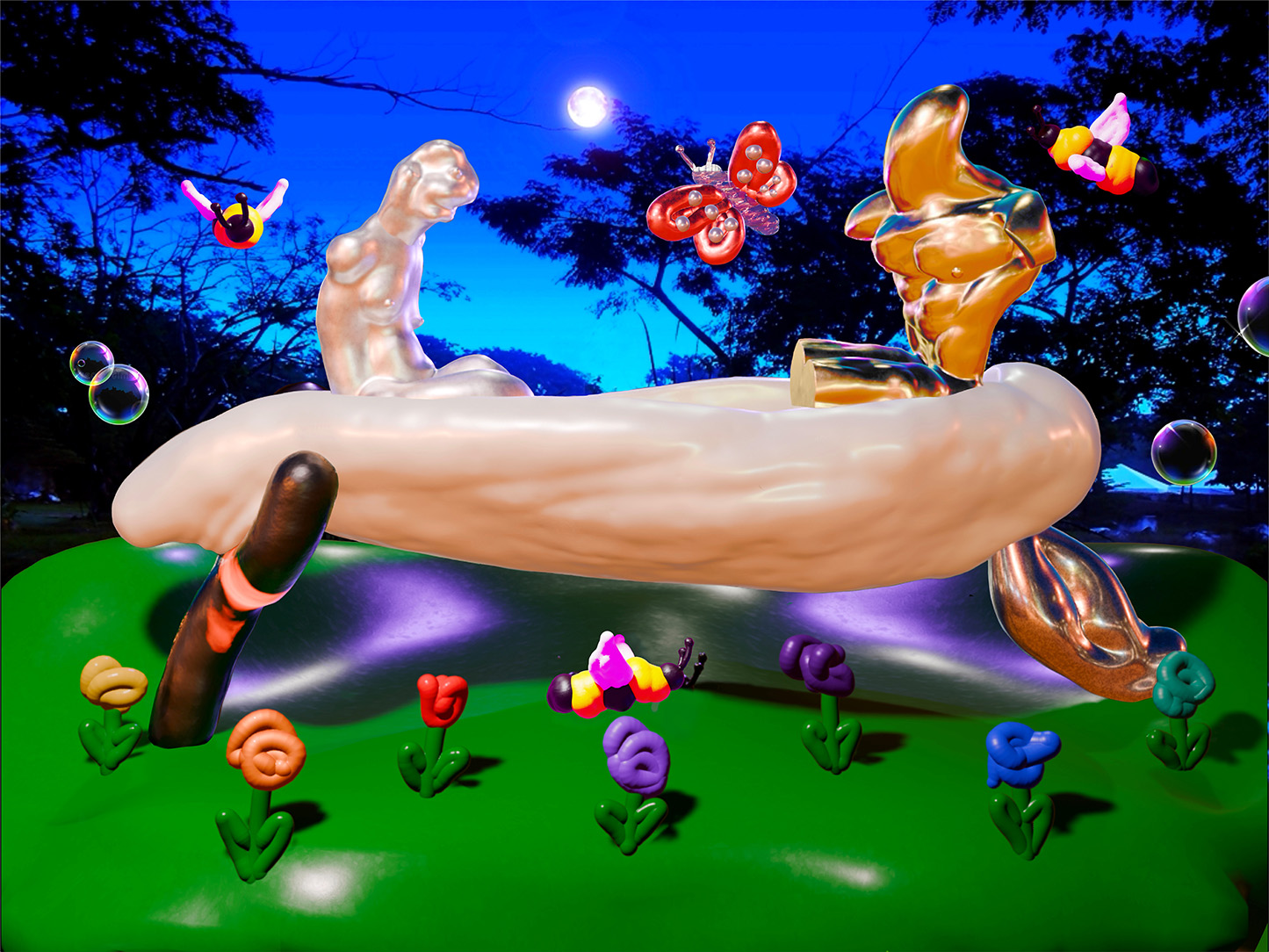 A digital rendering of a computer graphic style landscape and disembodied figures