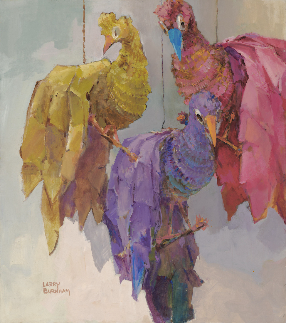 Painting of three colorful bird piñatas: one yellow, one purple, one pink suspended in front of an off-white background