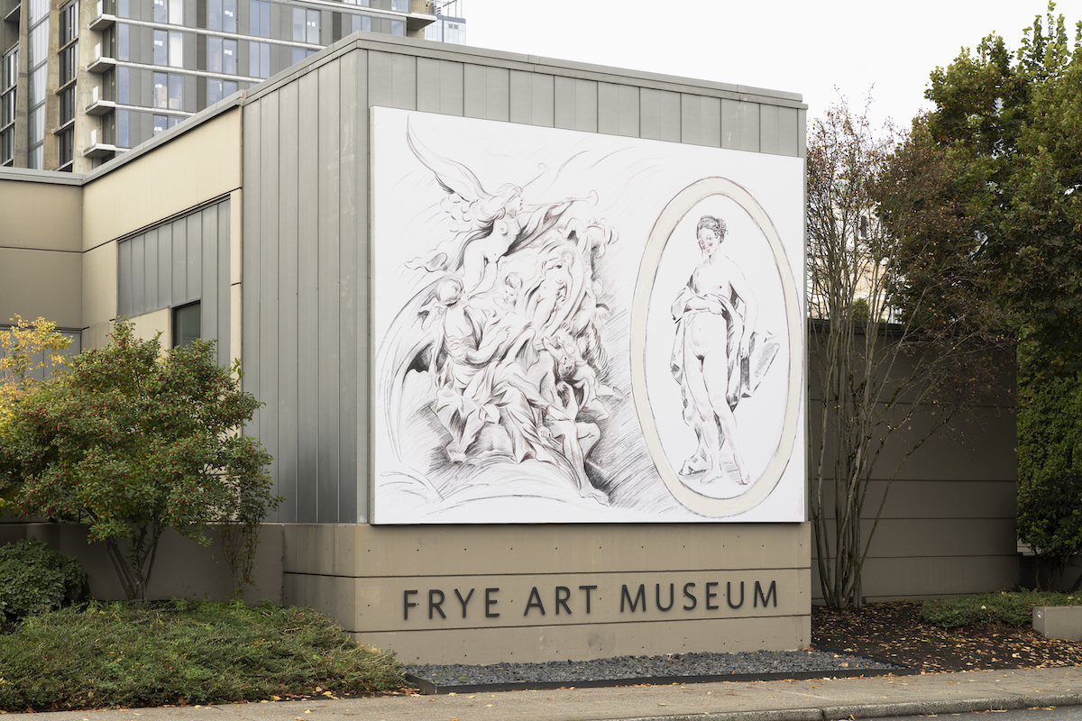 Photograph of Molly Jae Vaughan's "After Boucher: Untitled" installed on the Frye Art Museum's east facade