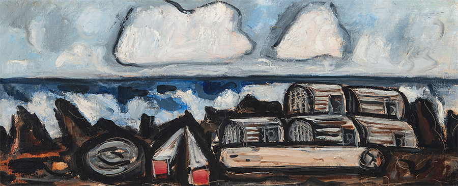 Marsden Hartley painting of lobster pots and a buoy next to the water with clouds above