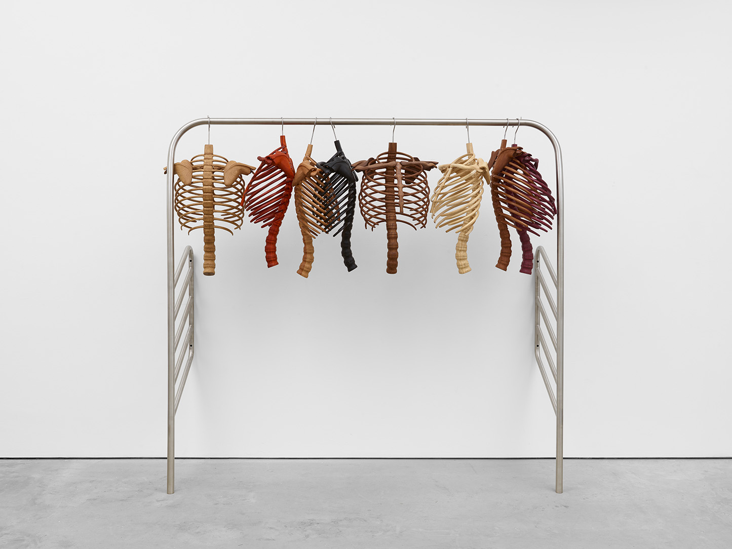 A group of lifesize ribcage models made out of different colored wood hanging from a metal rack