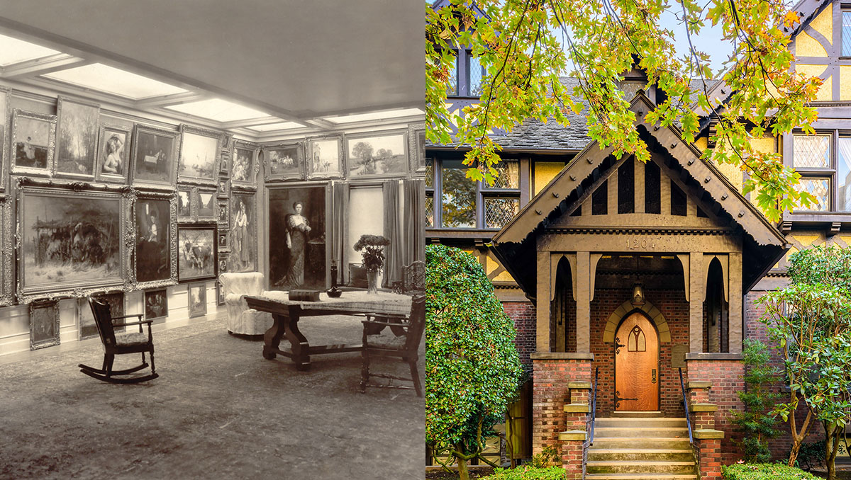 A composite image, on the left is a black and white photo of a large room in an old house with walls covered in paintings. On the right is the exterior of a large manor house entrance