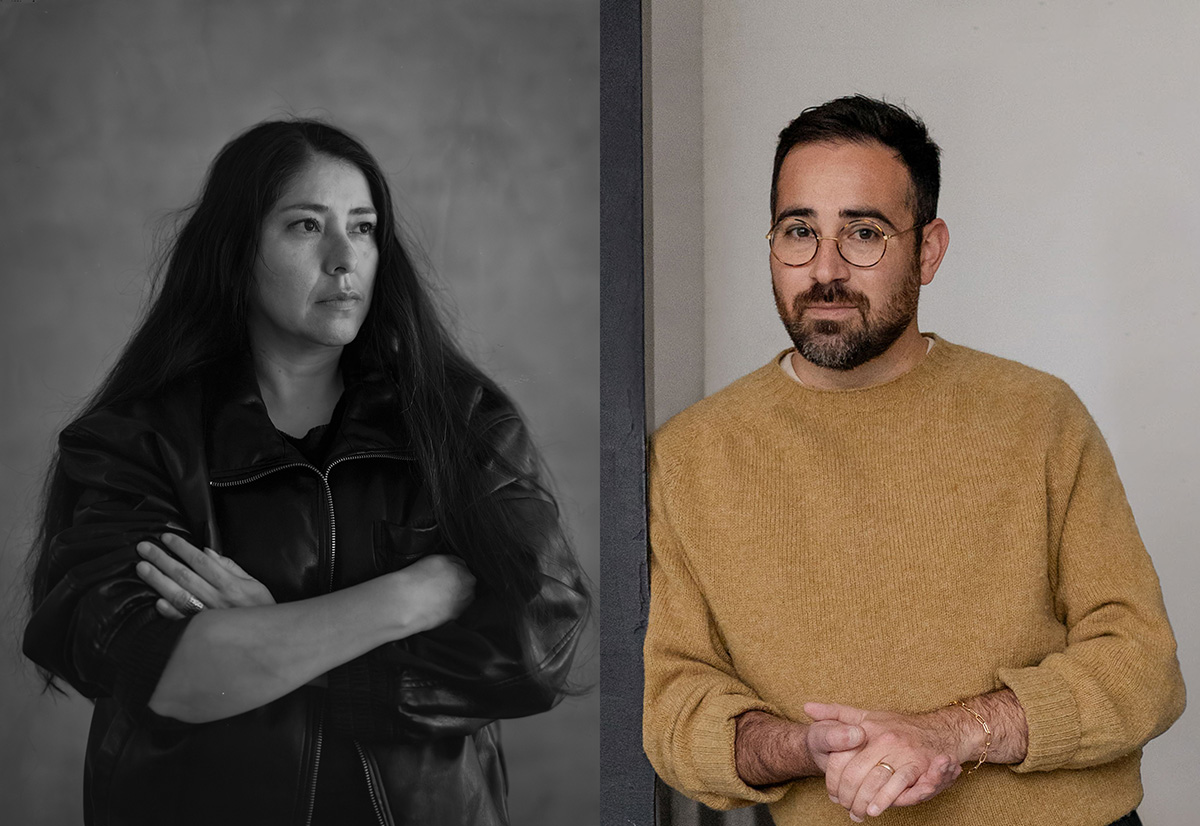 A composite of two professional portrait photographs. On the left is a woman in a leather jacket with her arms crossed, on the right is a man in a yellow sweater clasping his hands.