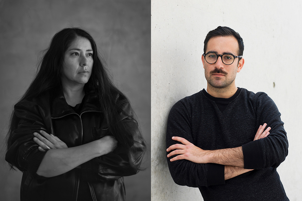 A composite of two professional portrait photos of people from the waist up.