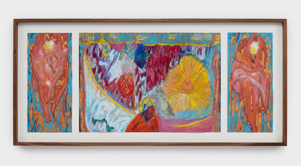Mimi Lauter. Miniature Since We Gave it Power, Let It Run Cool and Serve as a Tool, 2018. Oil pastel, soft pastel on paper. Three parts, 17 7/8 x 38 3/8 x 1 1/2 in. overall. © Mimi Lauter, Courtesy of the artist and Blum & Poe, Los Angeles/New York/Tokyo. Photo: Heather Rasmussen