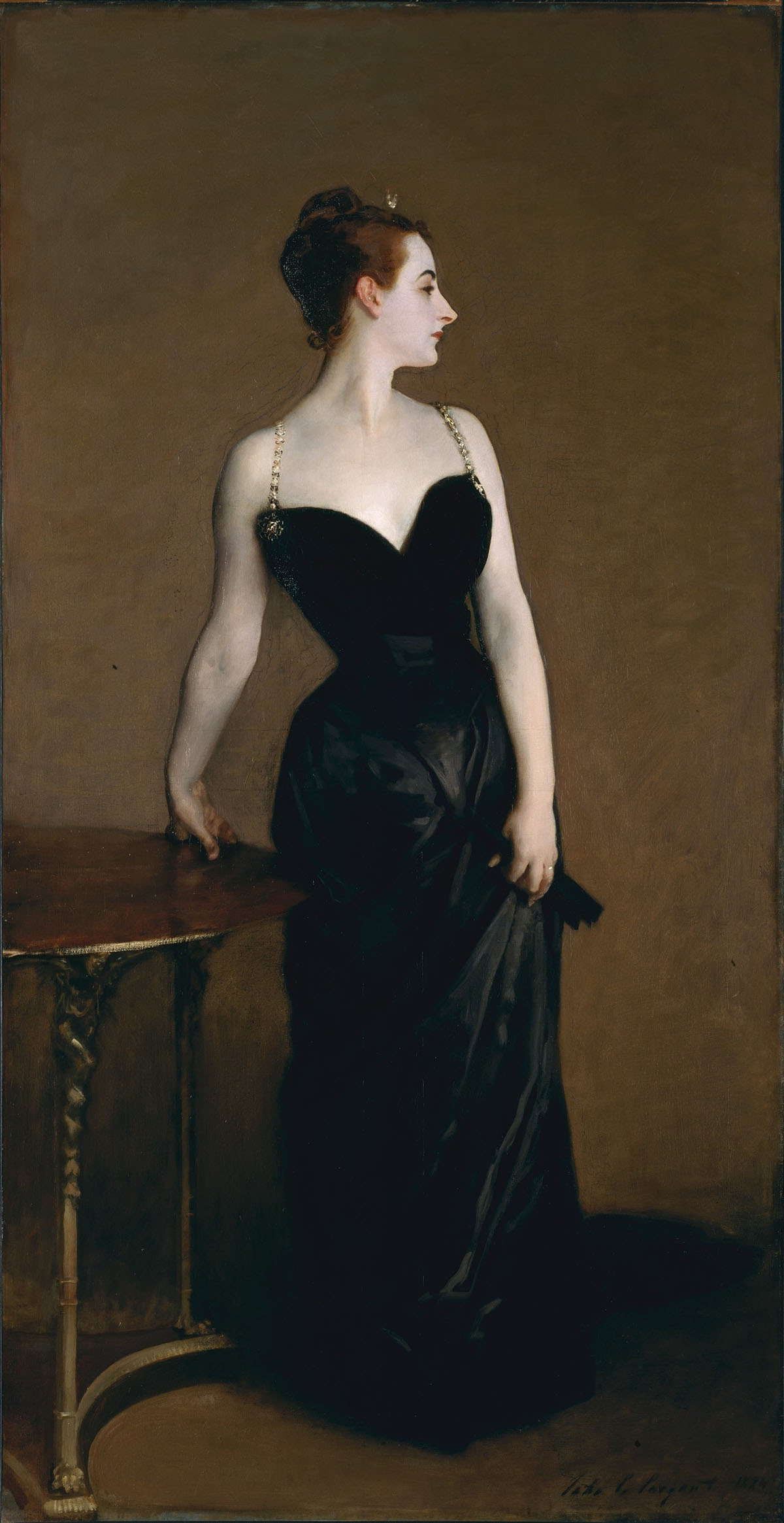 A formal portrait painting of a woman in a black dress with thin straps and a plunging neckline. Her face is turned to the side.