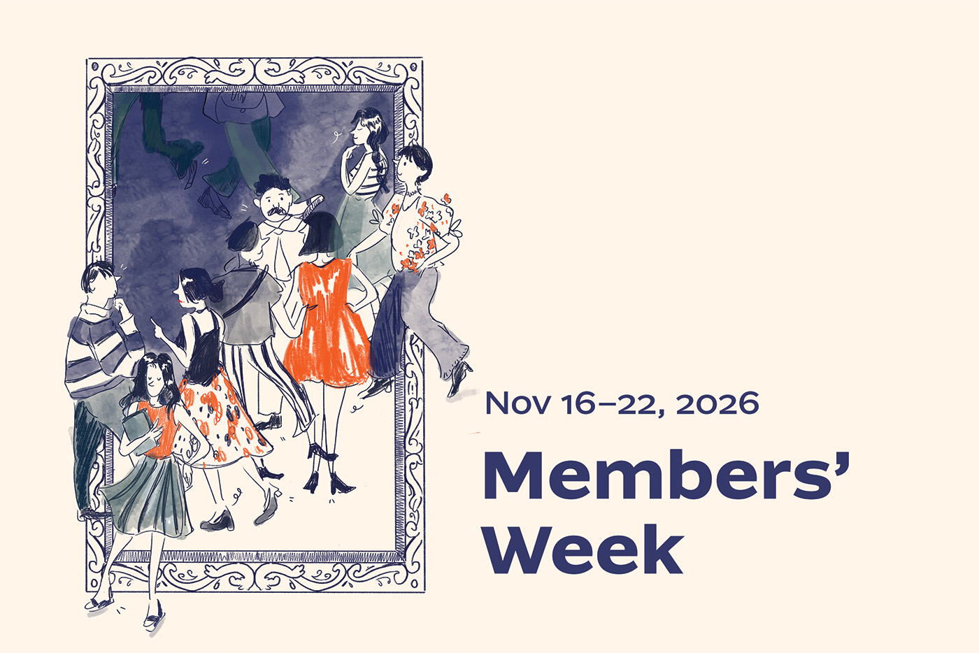 An illustration of people in formal clothing visiting a museum space with text reading Members' Week
