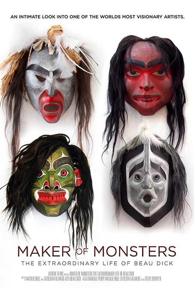 A poster for a movie with four wooden, painted masks and text reading 'Beau Dick: Maker of Monsters'