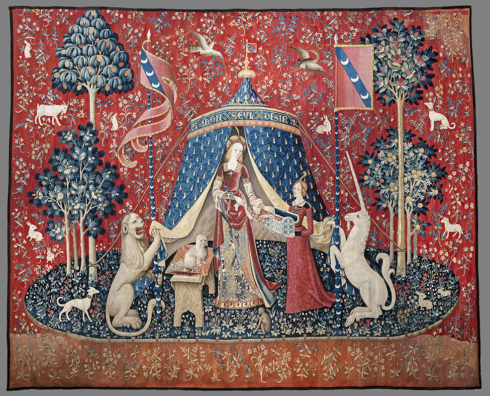 A luxurious, detailed tapestry with a image of a woman outside a luxurious tent with a maidservent, dog, and mythical creatures