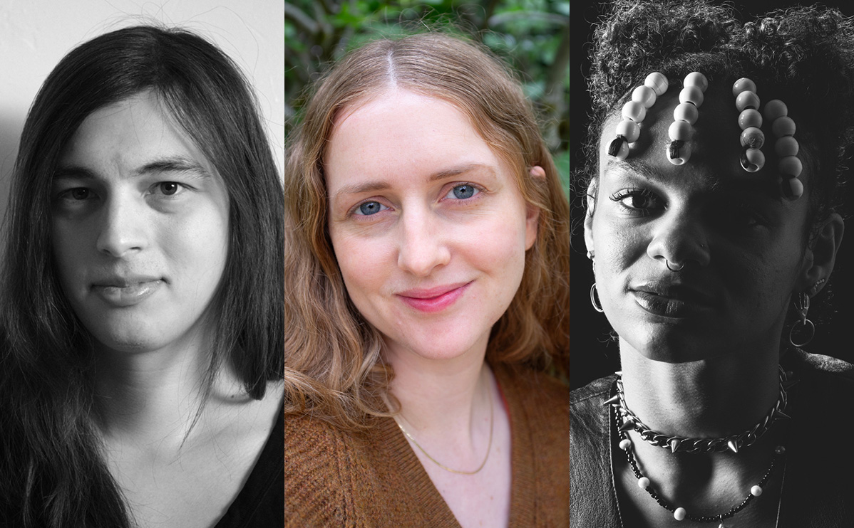 A three part composite image of three headshot portrait photographs of younger women.