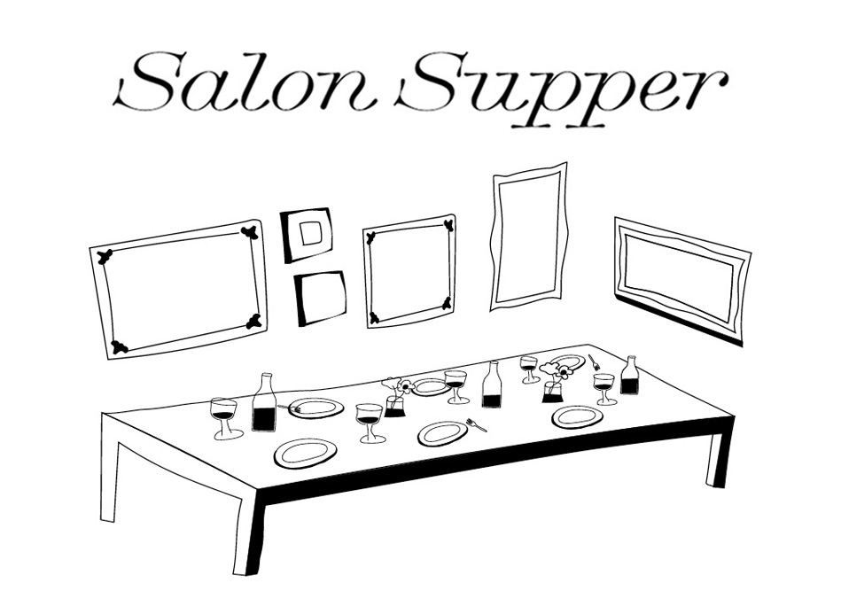 Salon Supper logo text above an illustration of a table laid with food and drink in front of painting frames