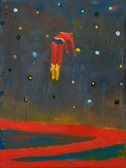 Painting of a super hero figure floating in space