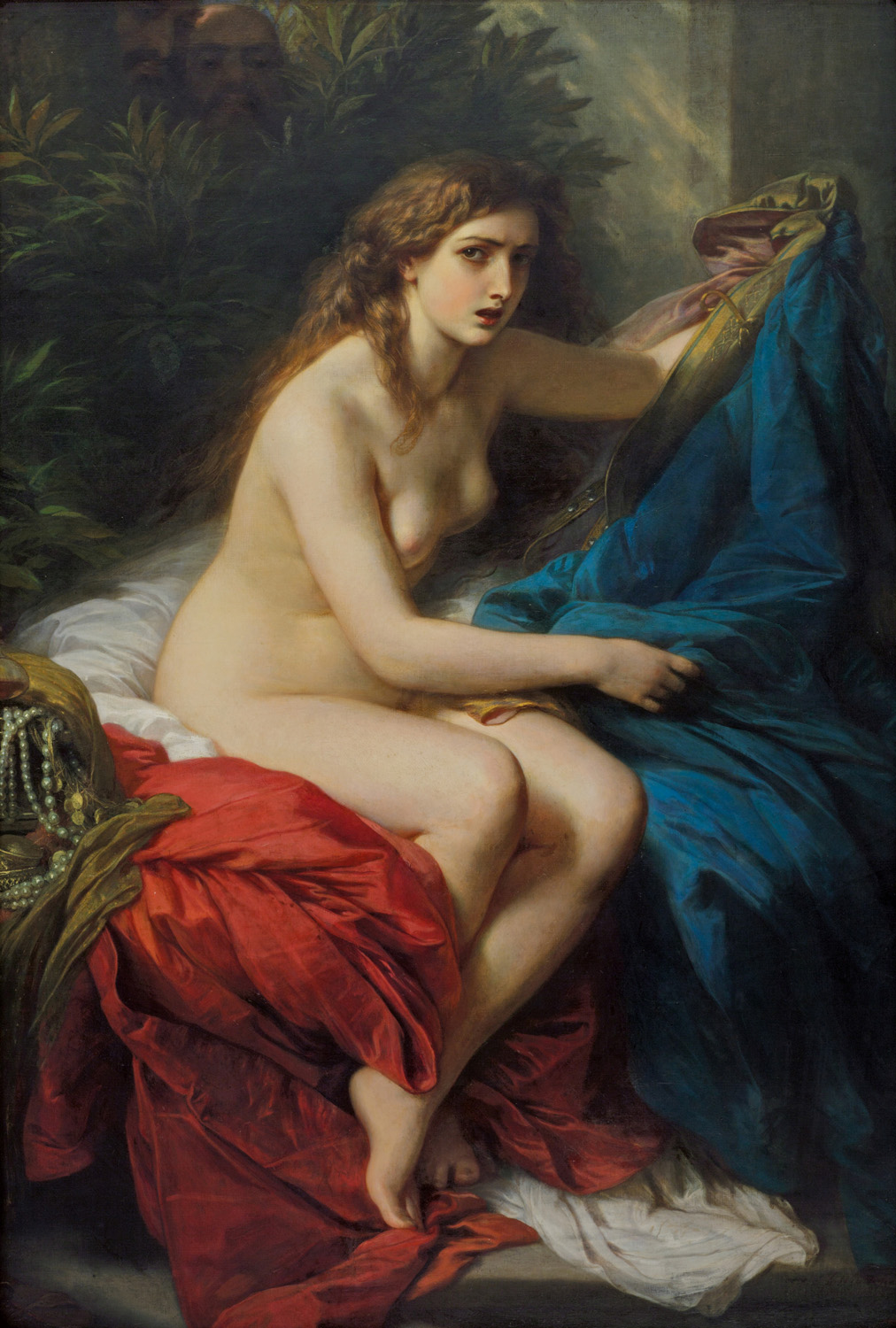 A painting of a seated, nude woman who appears surprised at being interuppted. Barely visible in the shadowed bushes behind her are two older, leering male faces