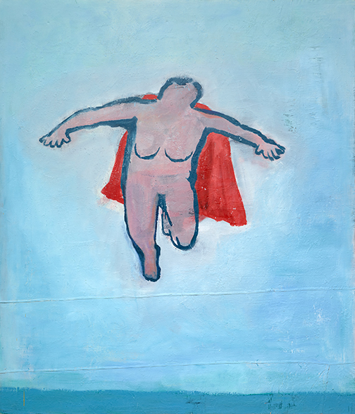 Katherine Bradford painting of an outline of a pink female figure with arms outstretched, wearing a red cape, against a light blue background