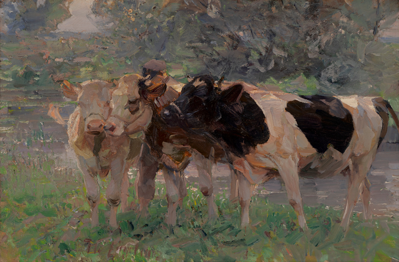 Oil painting of three cows in a green outdoor space