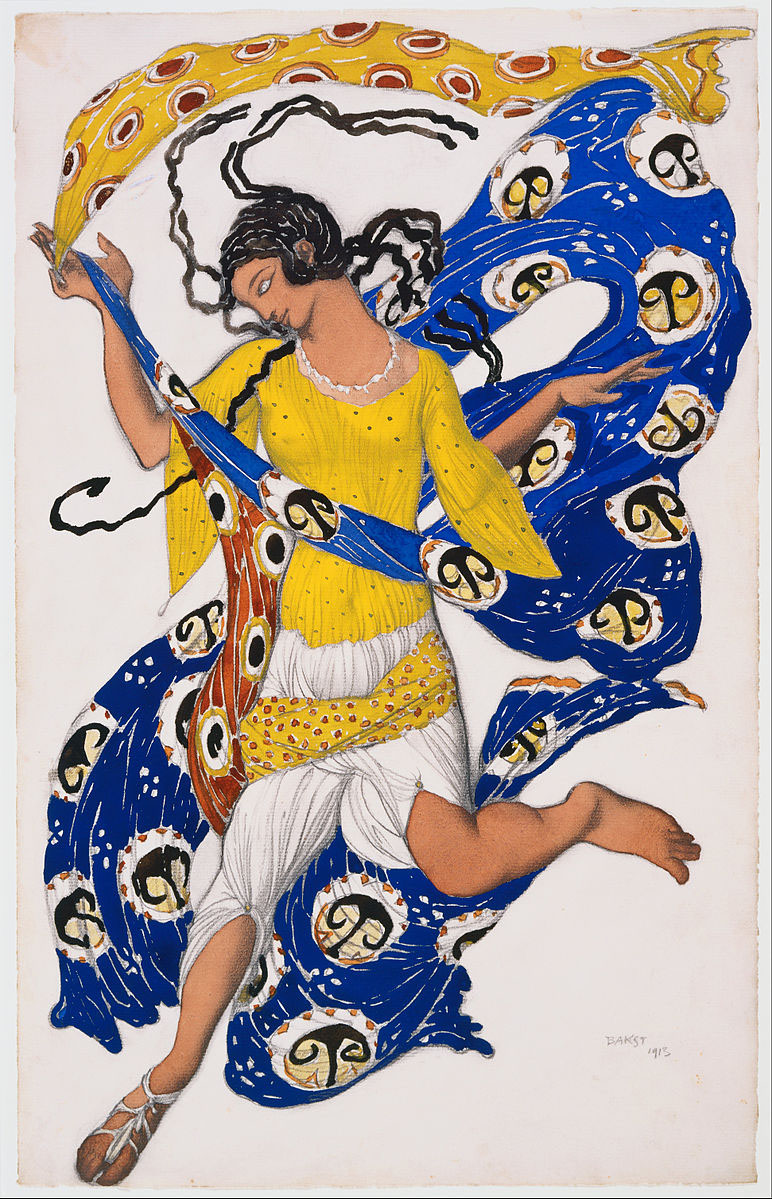 A watercolor and graphite artwork of a dancing woman with a long scarf