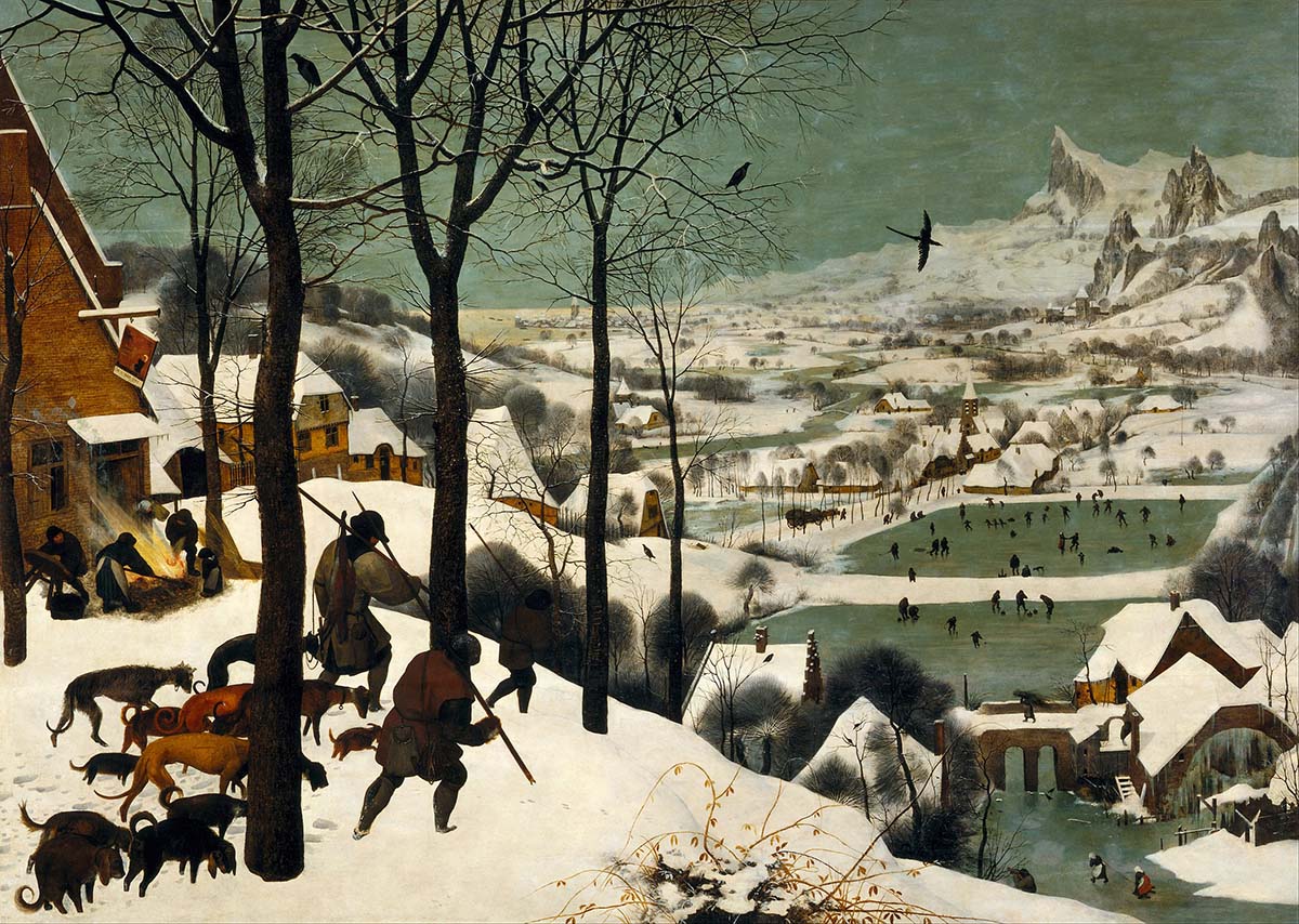 A snowy scene with hunters and dogs on a hill overlooking a town