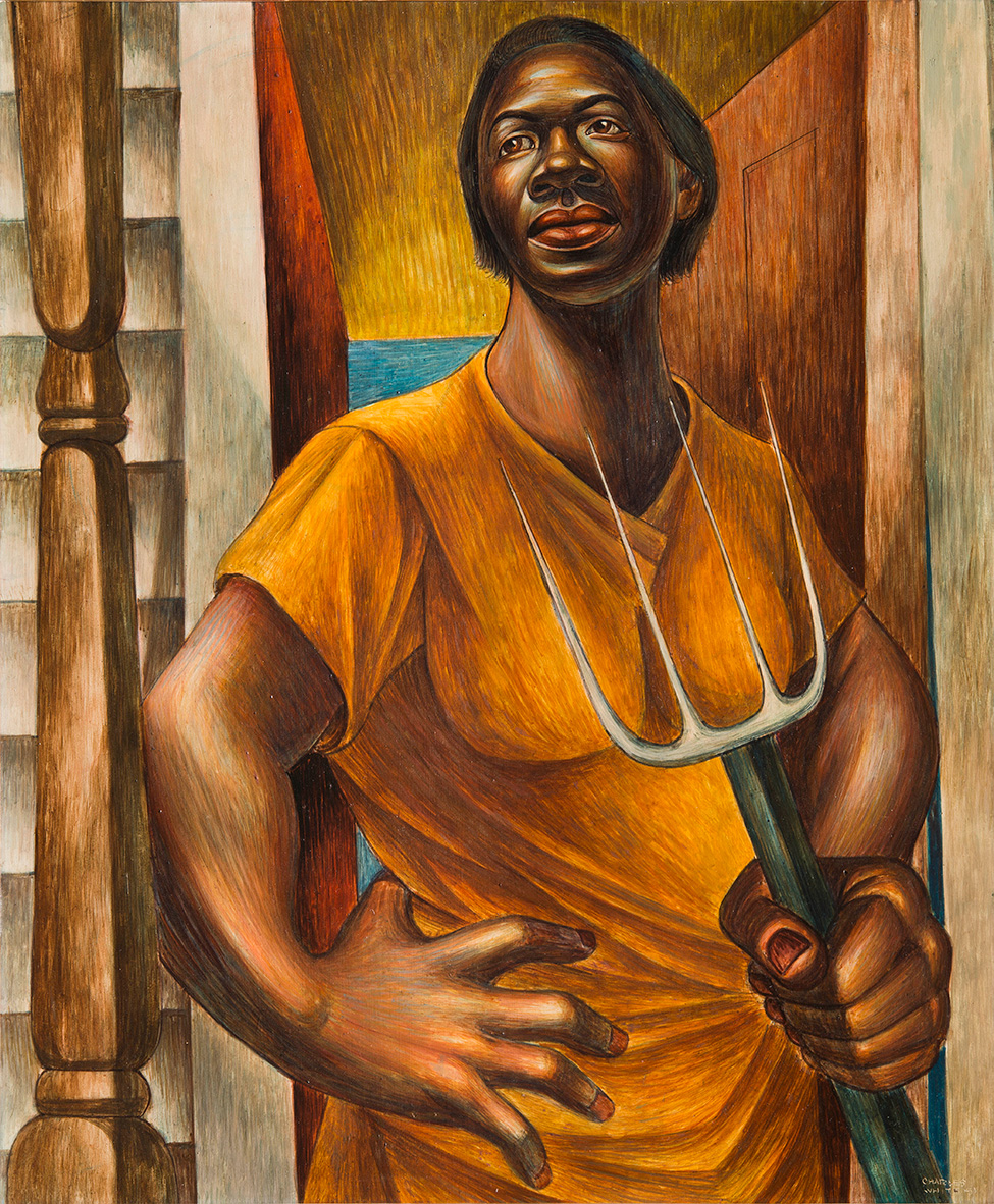 A stylized painting of a black woman holding a pitchfork