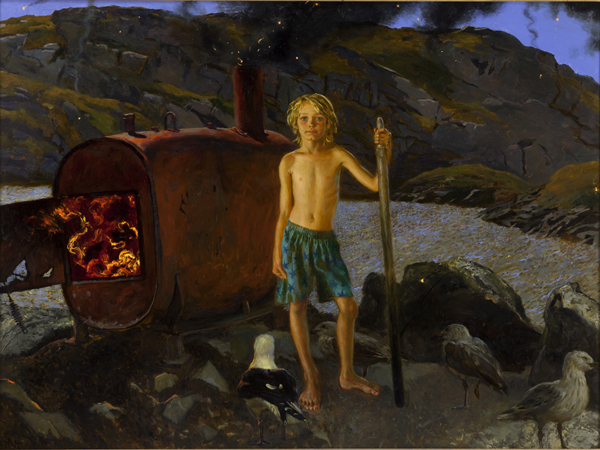 A painting of a boy posing next to a furnace on a rocky seaside