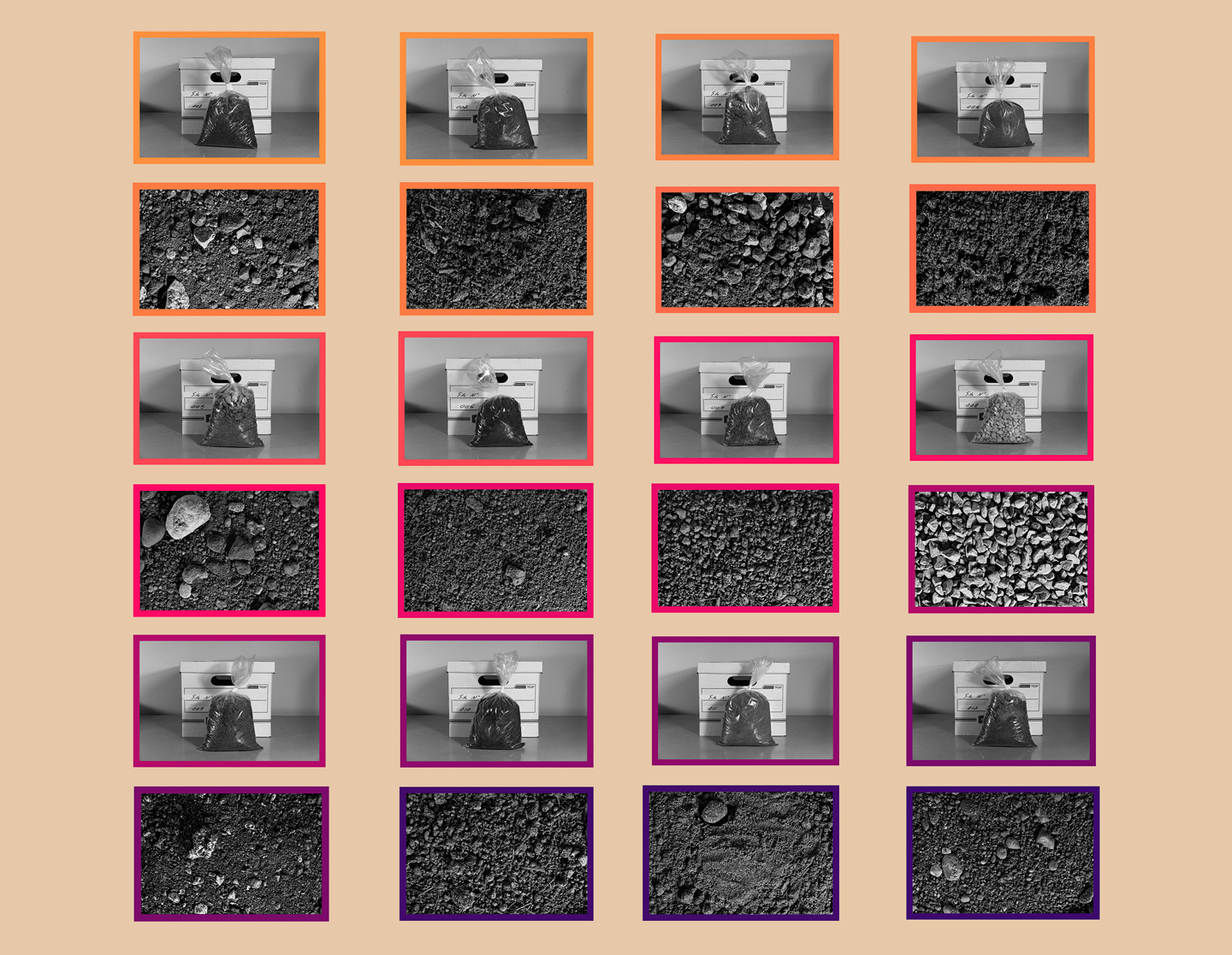 A grid of images of the earth and of a bag of dirt in front of a cardboard box