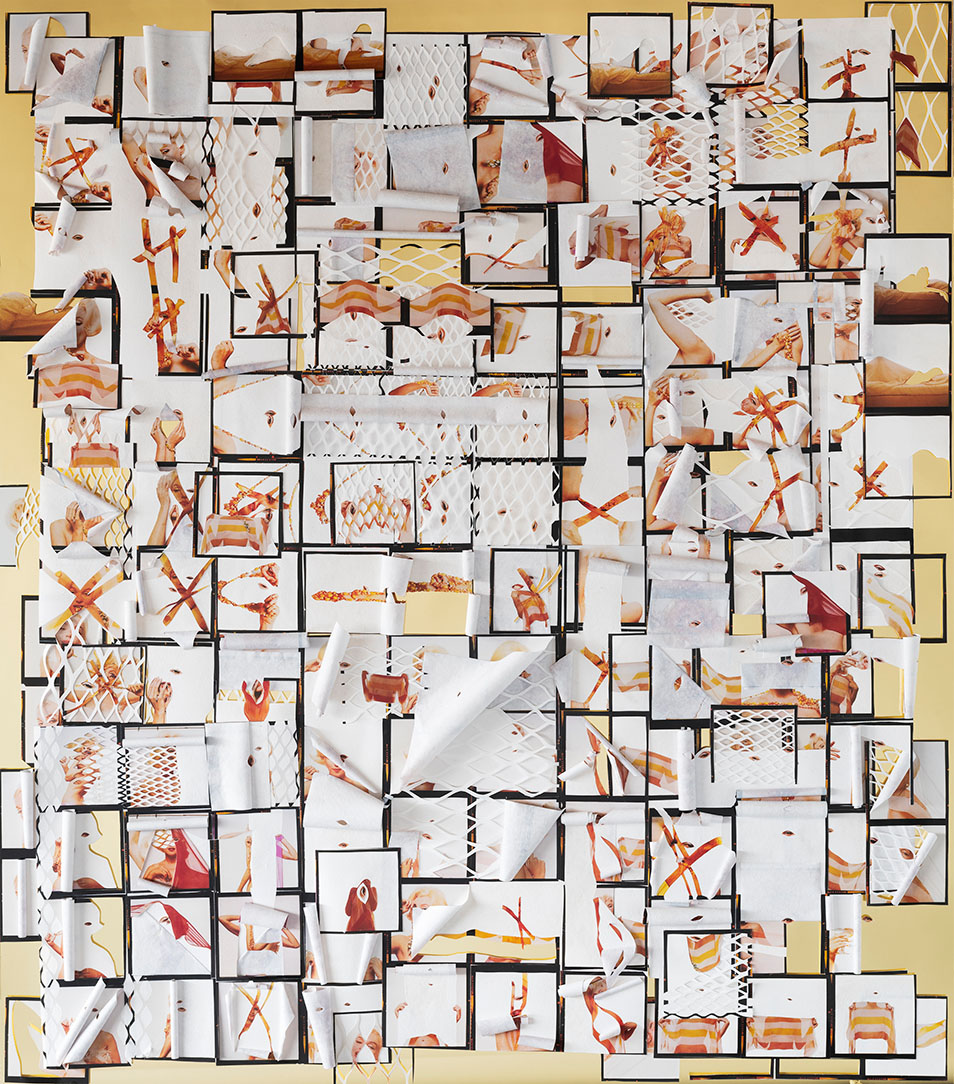 A collage of small images on a gold, mirrored background