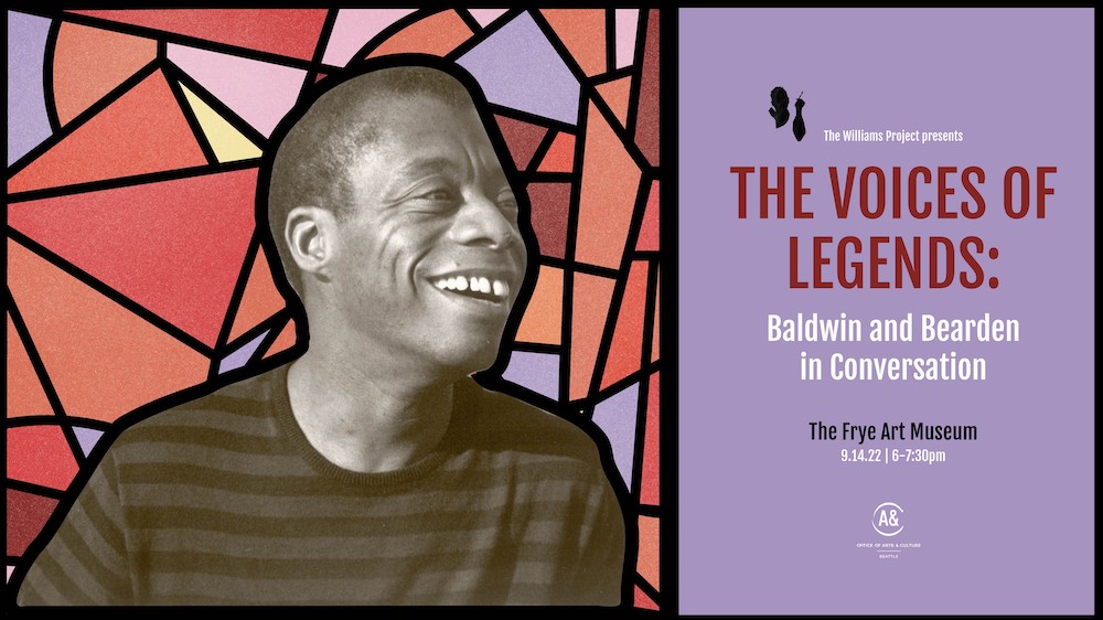 Image of James Baldwin next to text "The Voices of Legends: Baldwin and Bearden in Conversation"