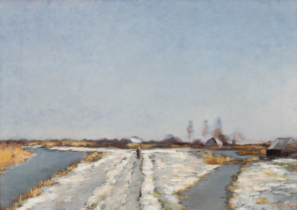 Painting of an open field covered in snow, with a small figure in the center, surrounded by blue sky