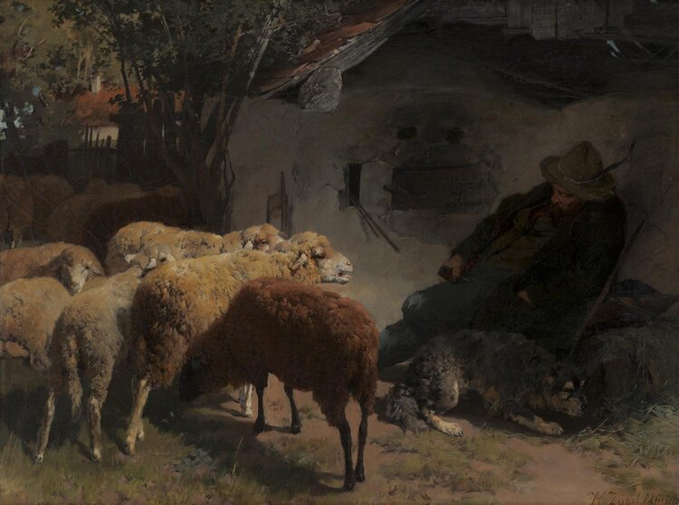 Heinrich von Zügel. Old Man Asleep with Sheep, 1870s.