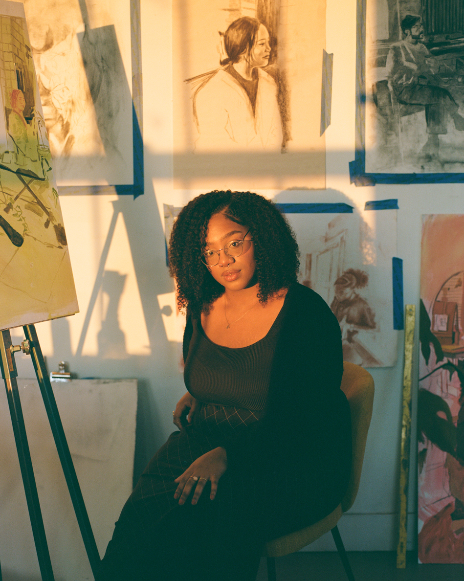 Photo of artist & Frye security guard Lila Thomas in her studio