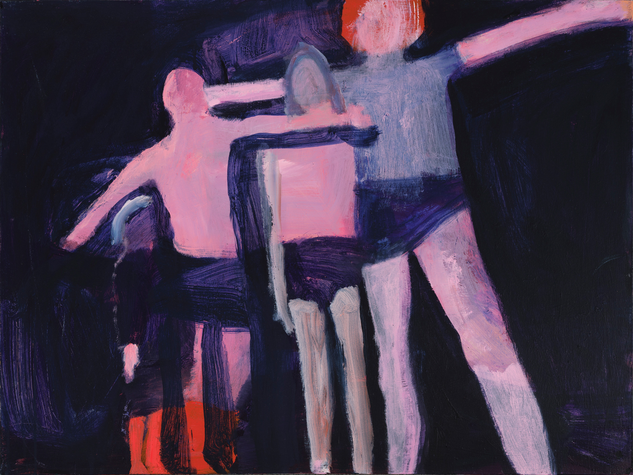 Painting of four simple human figures in shades of pink, purple, and dark blue on a black background by Katherine Bradford