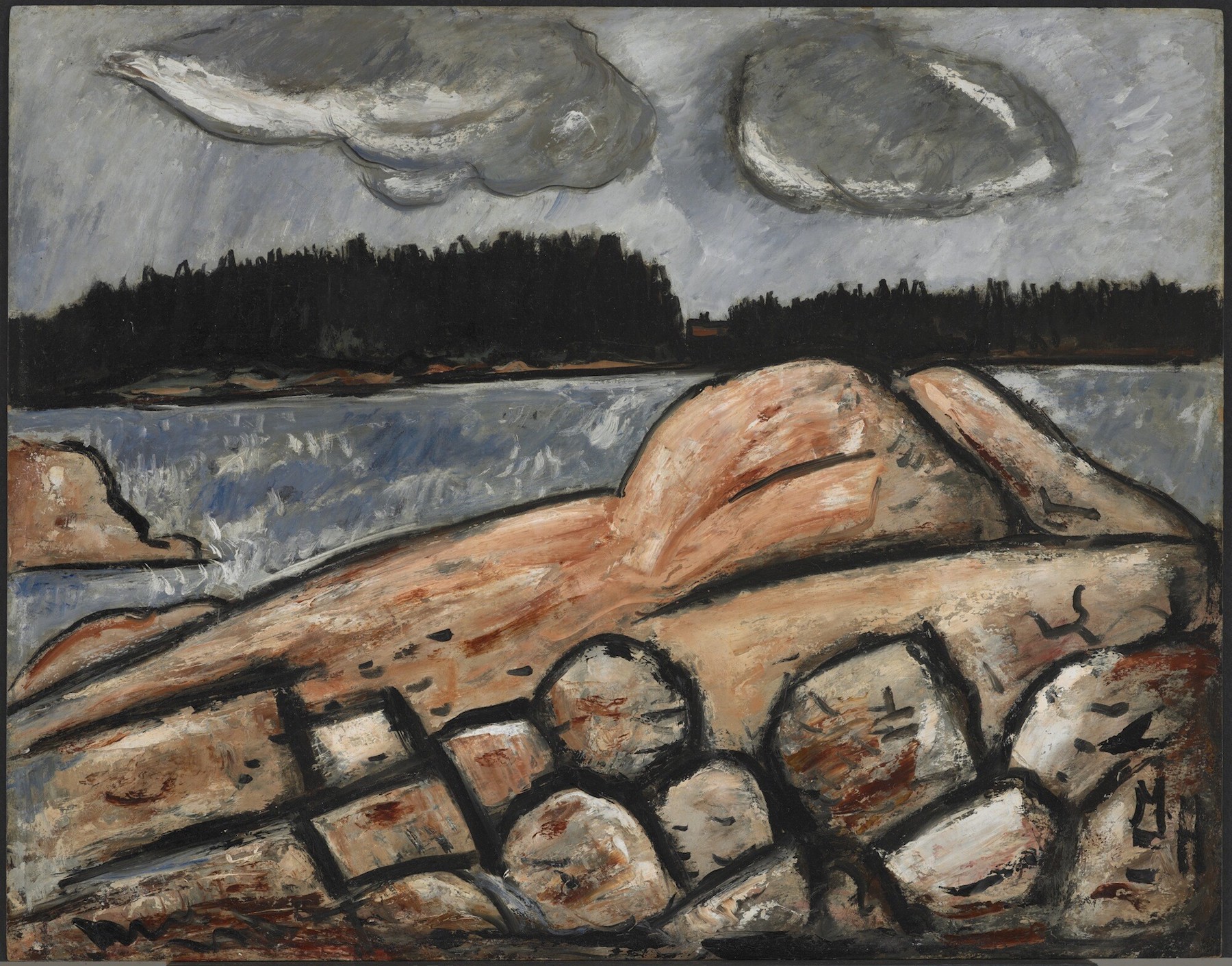 Marsden Hartley oil painting titled After the Storm, Vinalhaven, depicting the rocky Maine coast on a cloudy day