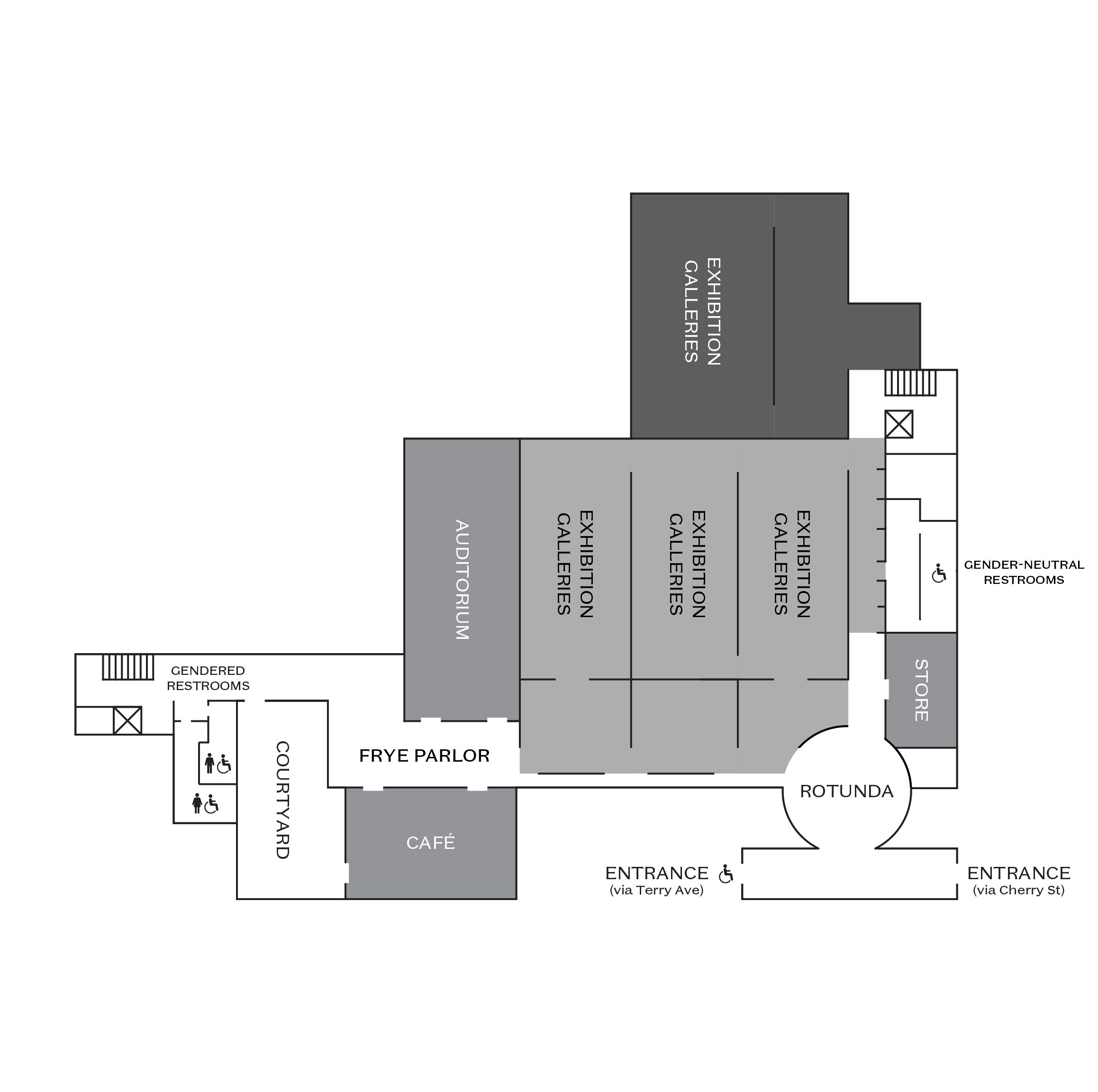 A floorplan of an interior museum floor with labeled gallery spaces, restrooms, and more