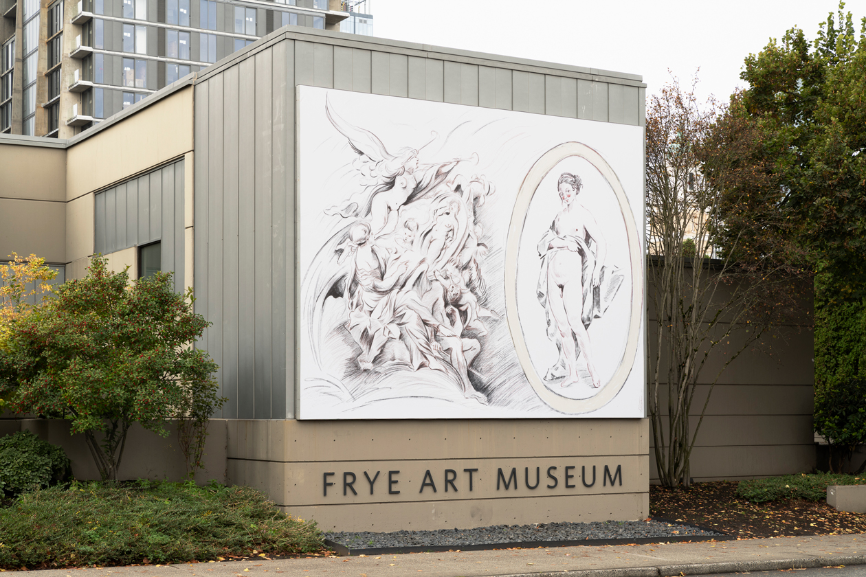 Photograph of Molly Jae Vaughan's "Untitled: After Boucher" installed on the eastern facade of the Frye Art Museum