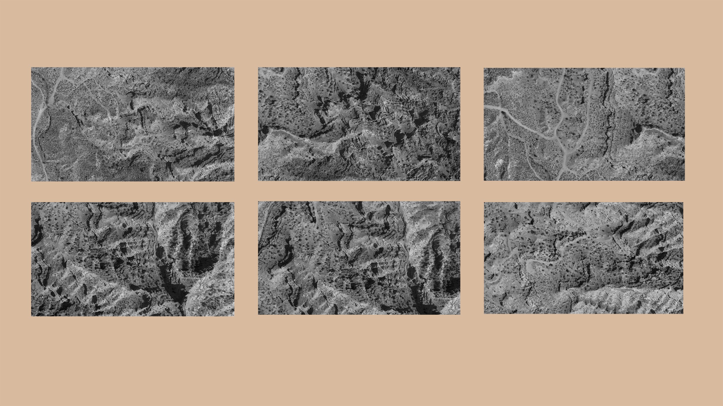 Two rows of three black and white images of a rock surface, set against a flesh-colored surface.