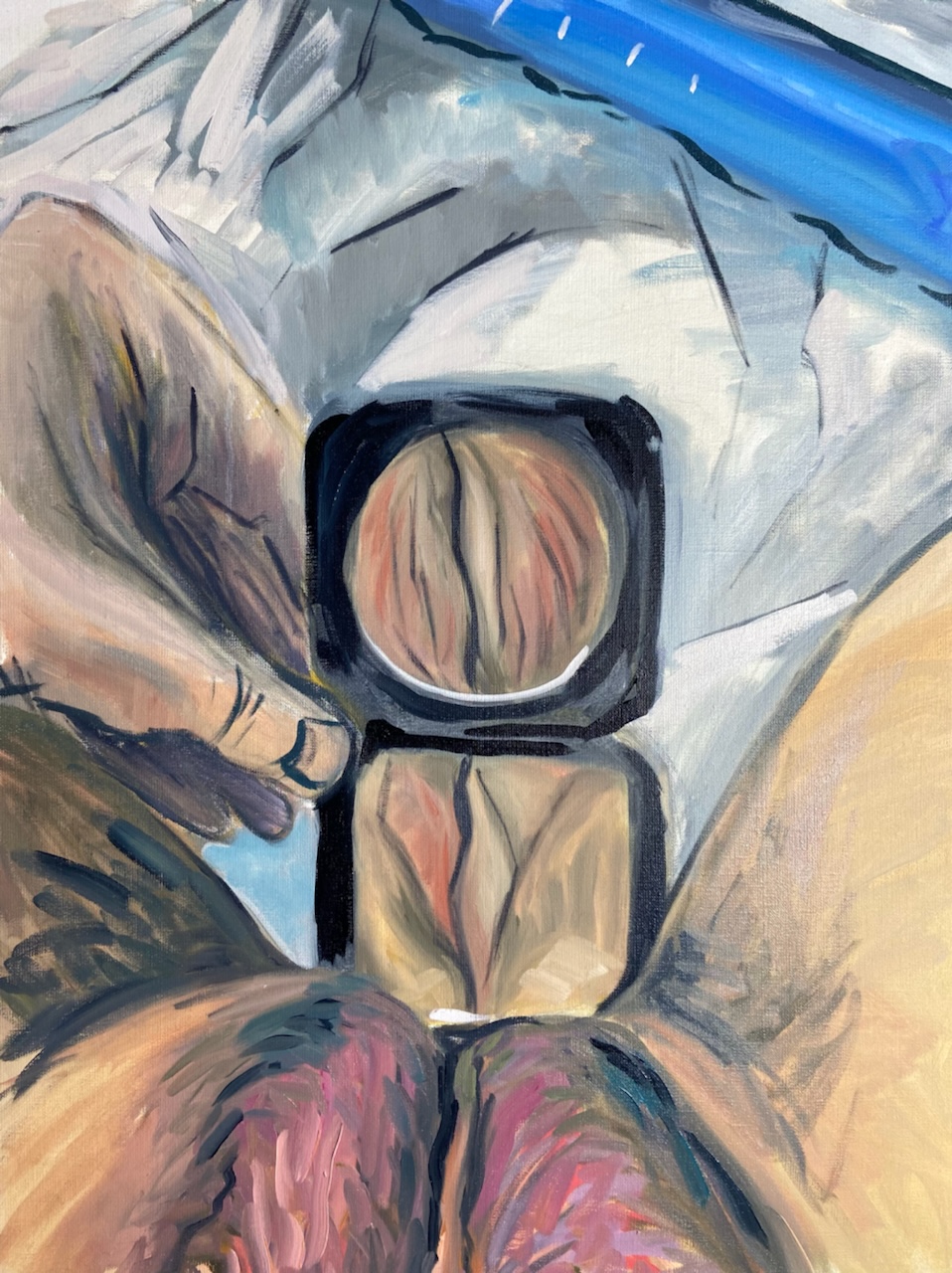 Painting by Molly Jae Vaughan of a hand holding a compact mirror between the subject's legs reflecting the subject's vagina