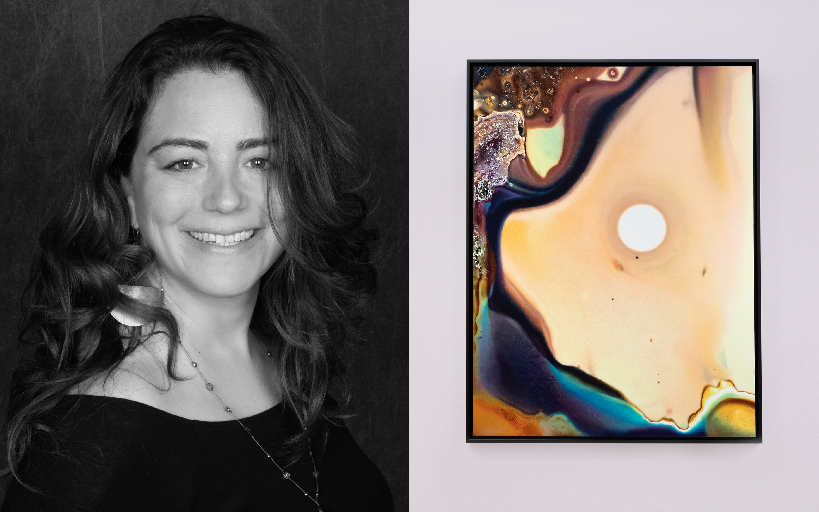 Composite image of Rachel Wolf and her artwork 'Alchemy 27'