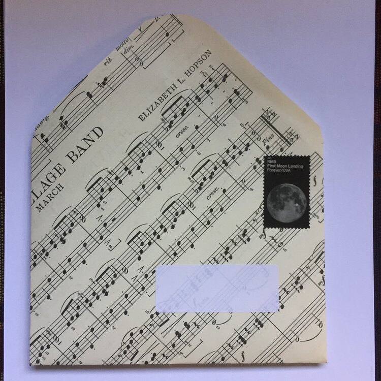 An envelope Sally made from sheet music.