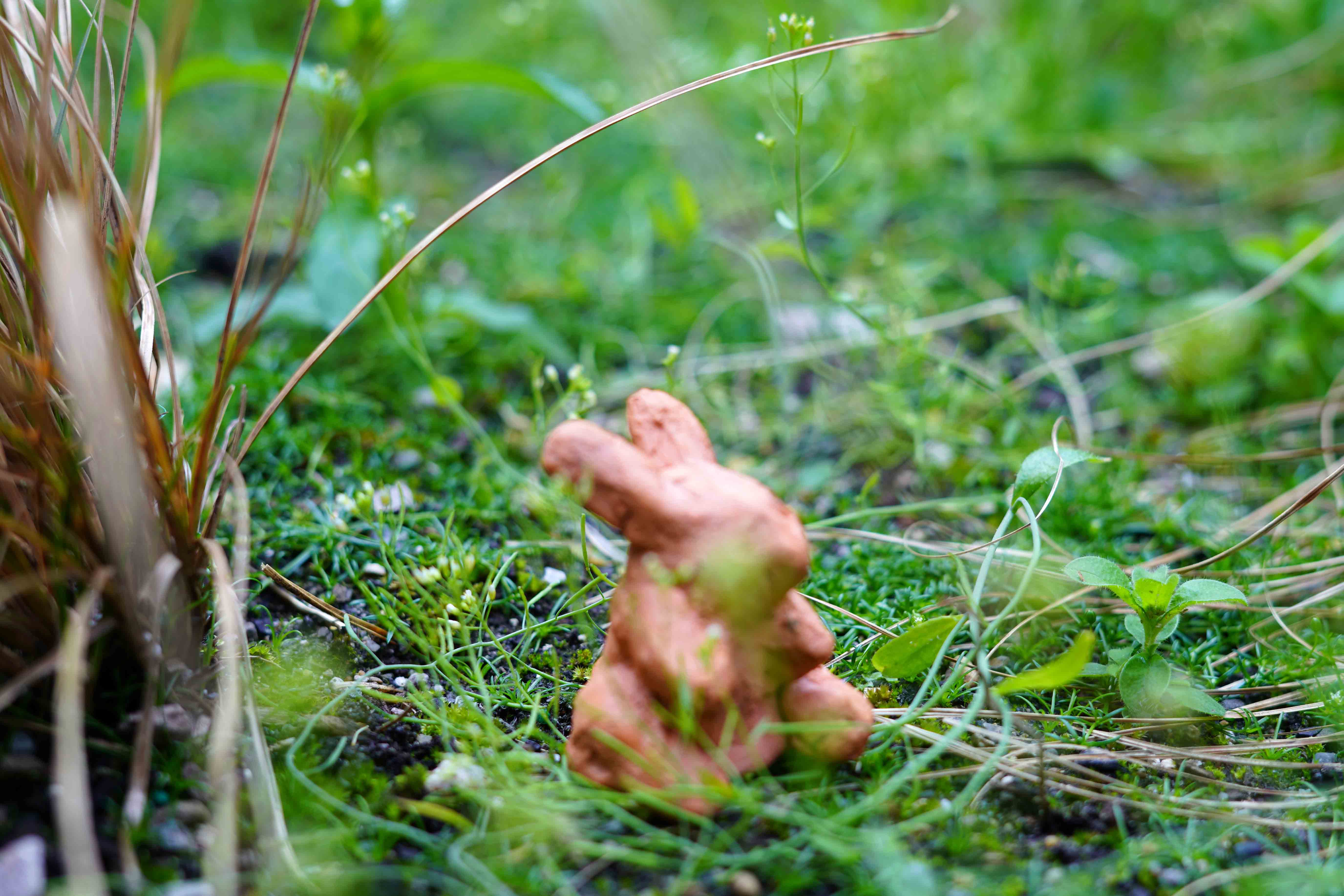 Photo of a small clay bunny sculpture outside in grass